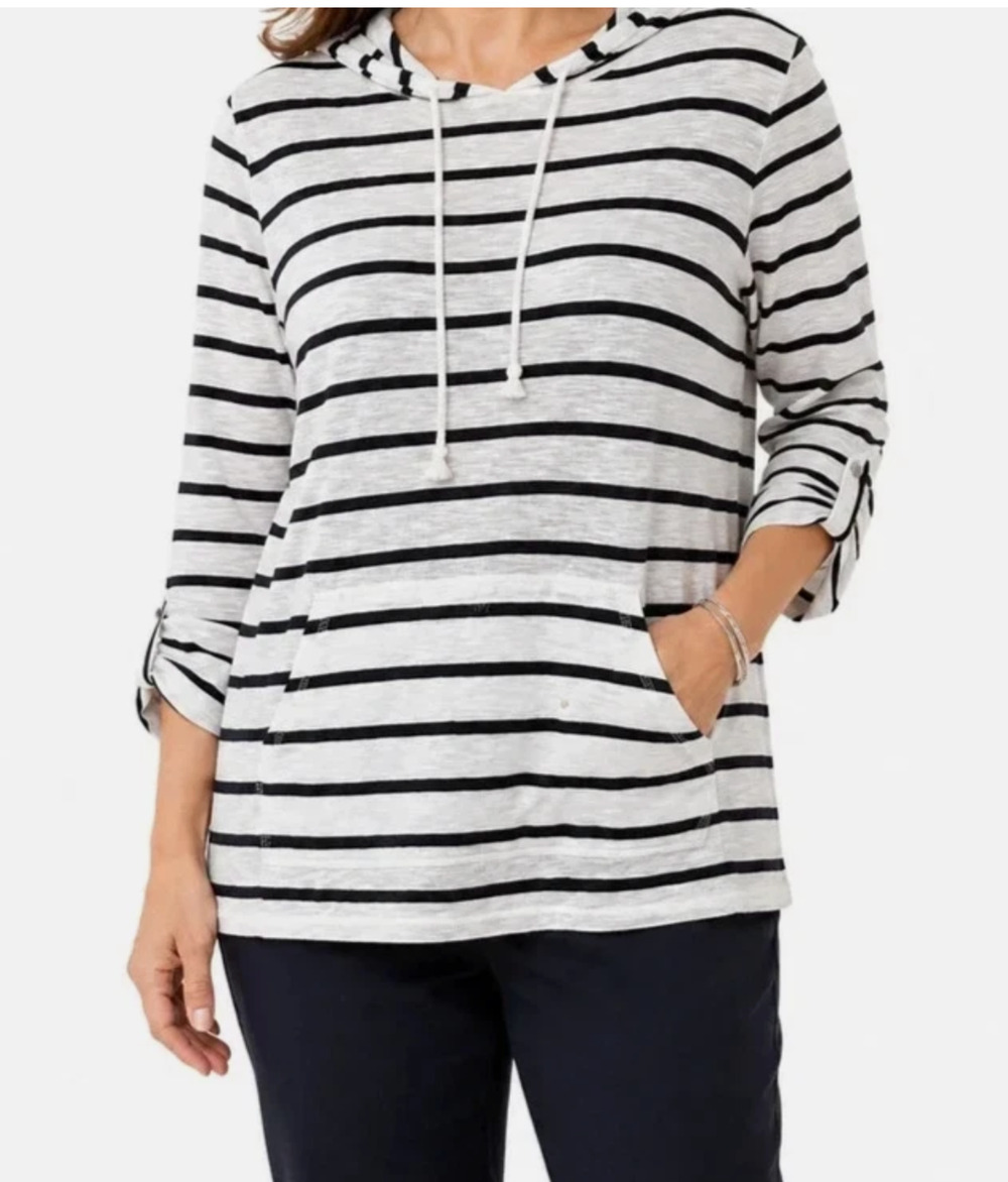 J Jill LP Hooded Top White Black Stripe Roll Tab Sleeves Kangaroo Pocket Tee